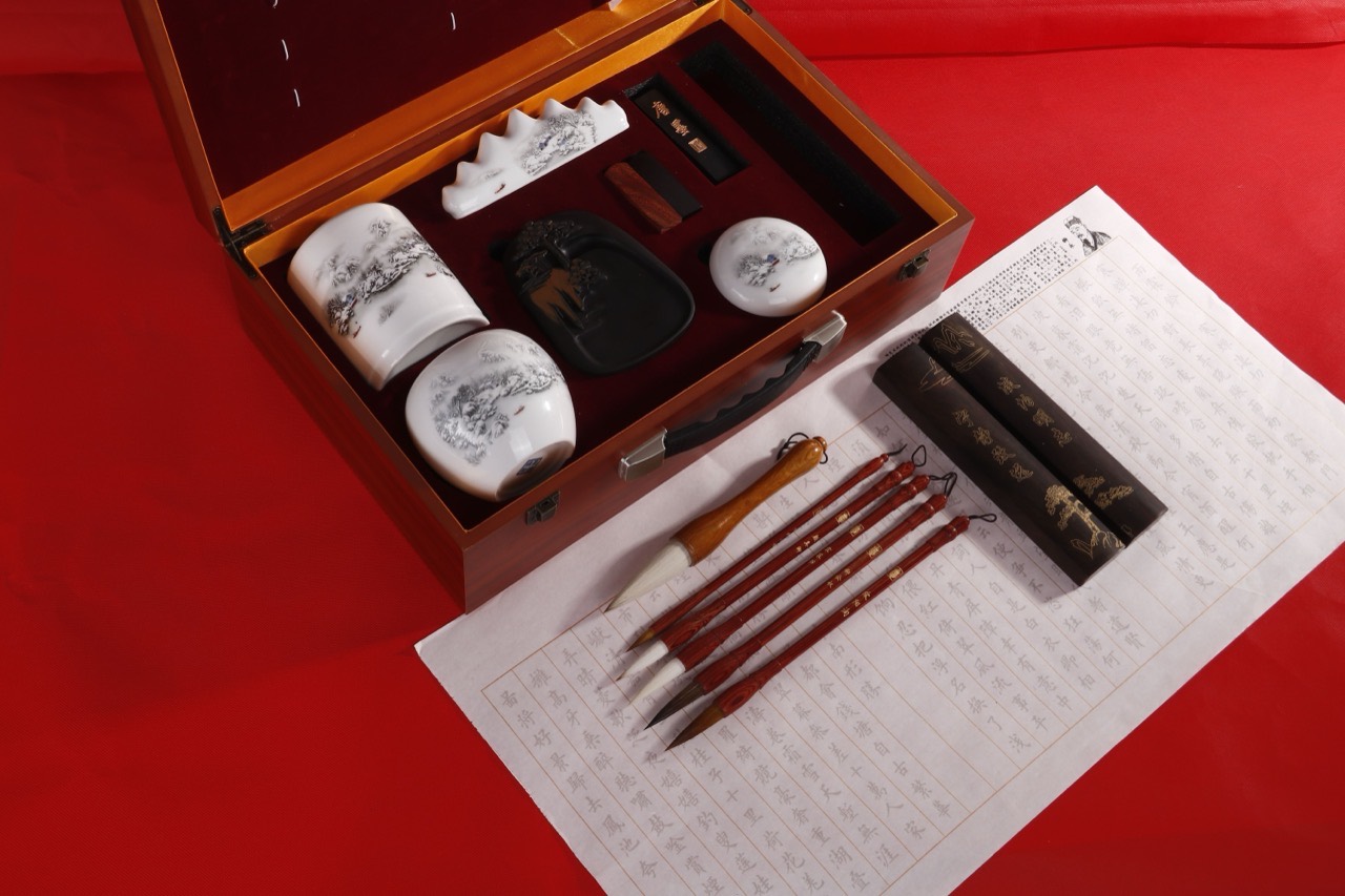 Chinese calligraphy set wenfang sibao brush inkstone ink stick xuan paper four treasures
