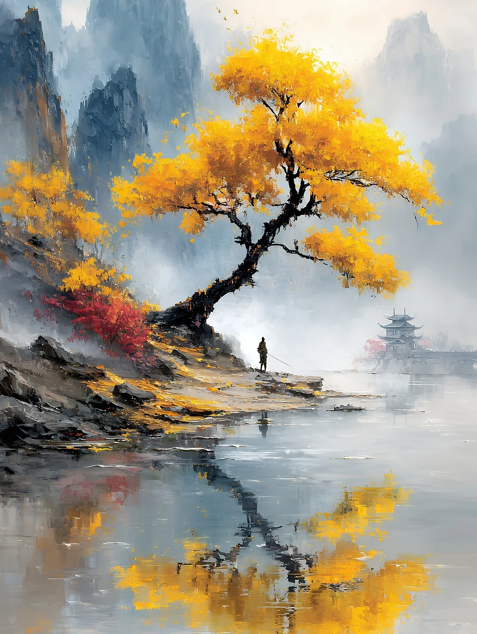 Chinese ink landscape painting mountains lake yellow tree guohua